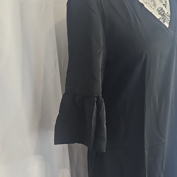 Black Midi Dress with V-Neck and Bell Sleeves - Picture 3 of 5